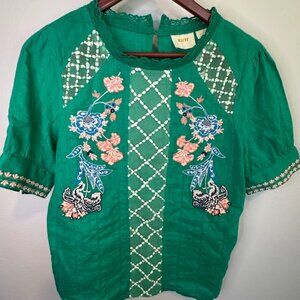 Maeve by Anthropologie Green 100% Cotton Short-Sleeved Embroidered Blouse - Sz 6